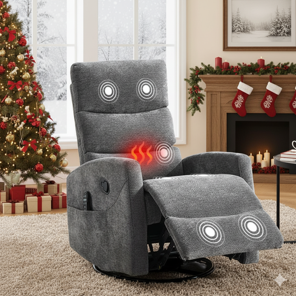 HSUNNS 360° Swivel Rocker Recliner Chair with Heat Massage, Chenille Manual Single Rocker Sofa Recliner Chair with Side Pockets for Living Room Home Theater