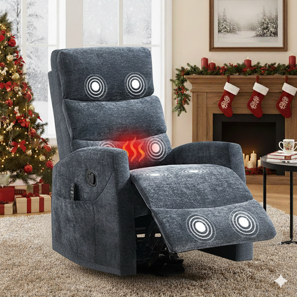 HSUNNS 360° Swivel Rocker Recliner Chair with Heat Massage, Chenille Manual Single Rocker Sofa Recliner Chair with Side Pockets for Living Room Home Theater