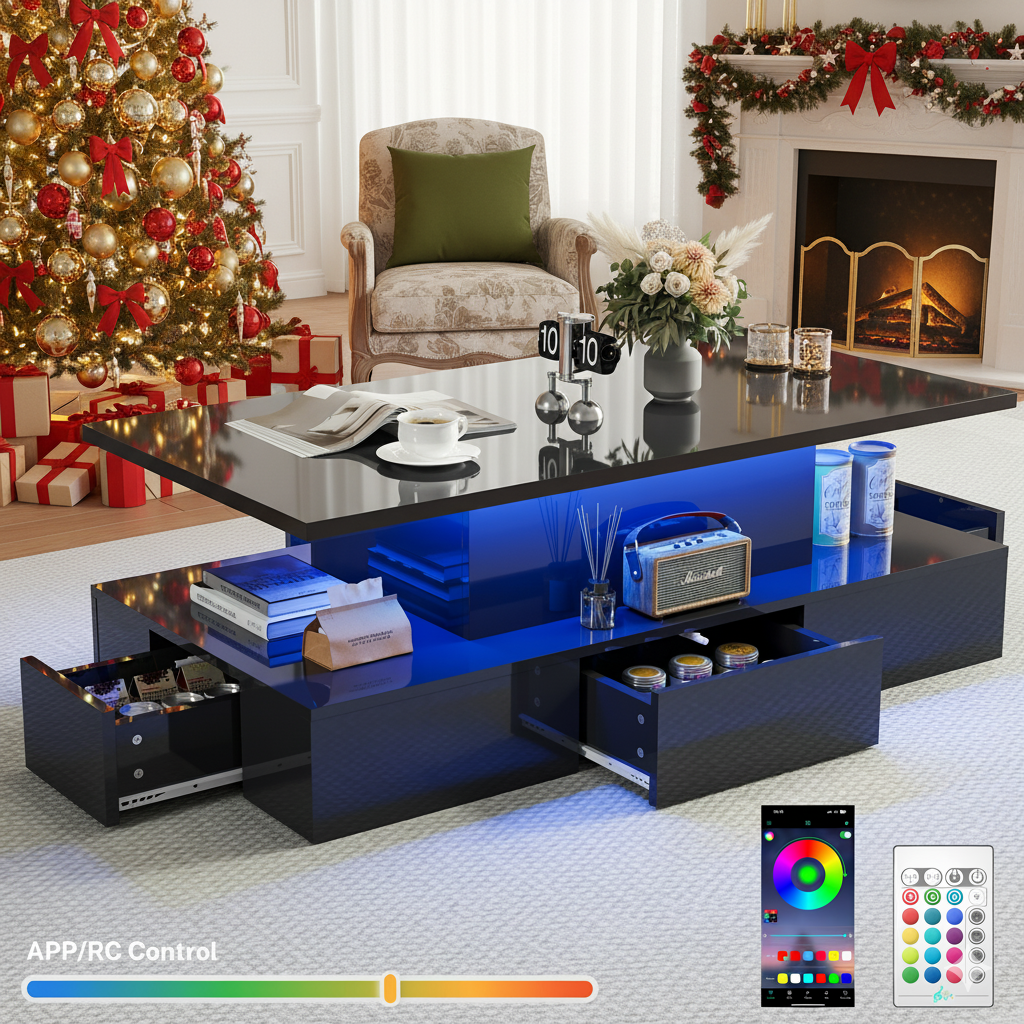 HSUNNS Large High-Glossy LED Coffee Table with 4 Drawers, Living Room Storage Coffee Tables with Remote, Modern Stylish Double-Layer Center Tables w/LED Lights
