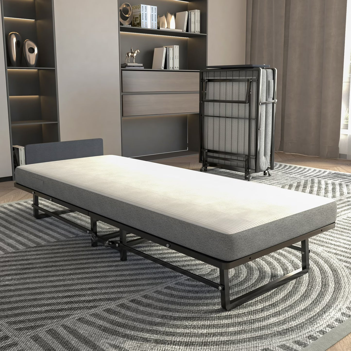 HSUNNS Folding Bed Frame, Metal Foldable Twin Size Bed Frame with Foam Mattress of Pockets and Castors for Apartment, Guest Room and Office, Effortless Assembly, Black