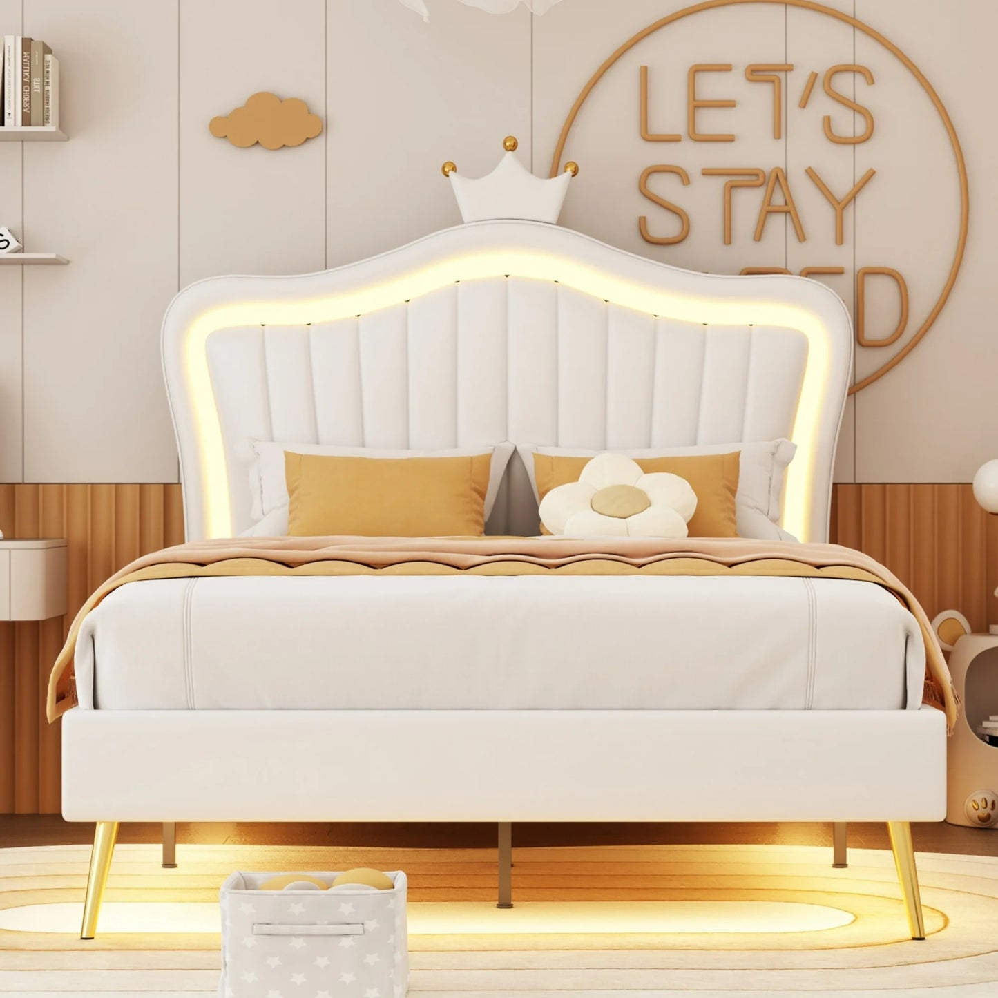 HSUNNS Full Size Bed Frame with LED Lights, Upholstered Princess Full Platform Bed with Crown Adjustable Headboard and Metal Feet for Girls' Bedroom, No Box Spring Needed, 500 LBS, White