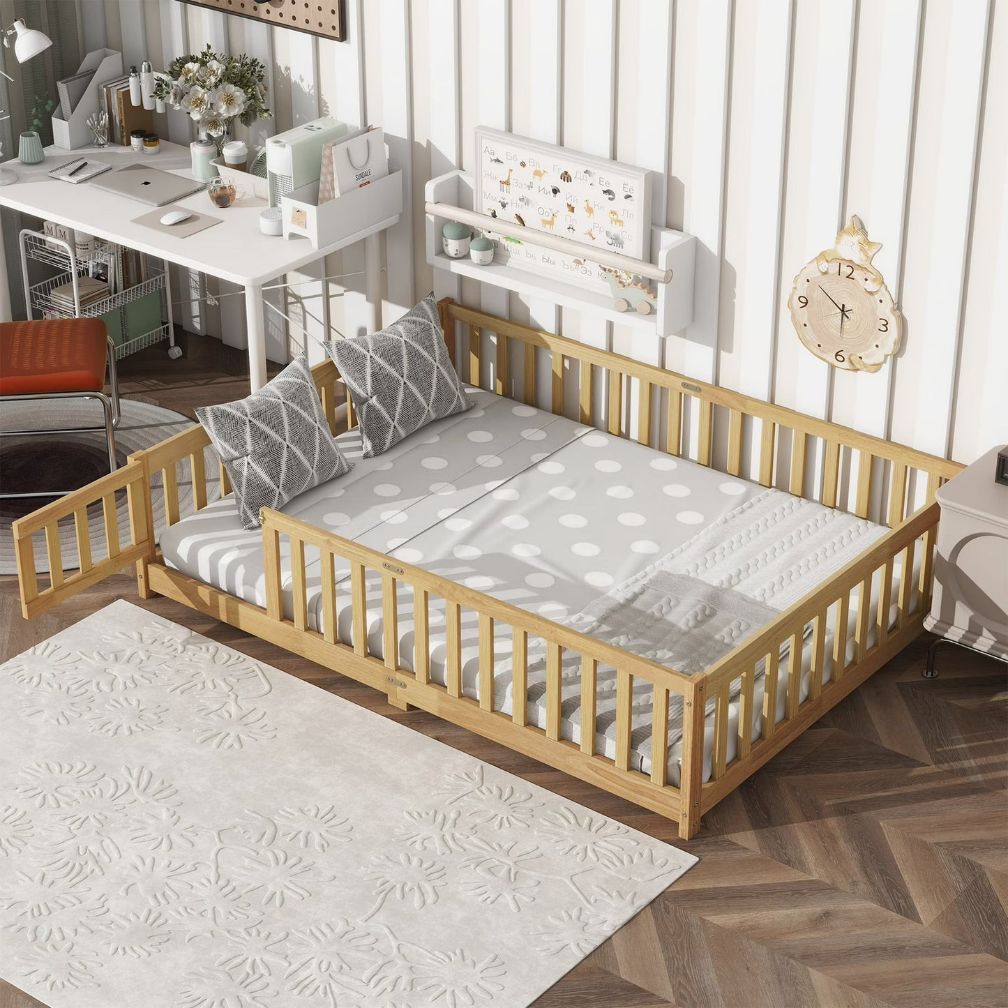 Twin Size Floor Bed, HSUNNS Rubber Wood Floor Bed with Fence and Door, Bed Twin Bed with Safety Guardrails, Near to Ground, No Box Spring Needed, Easy Assembly