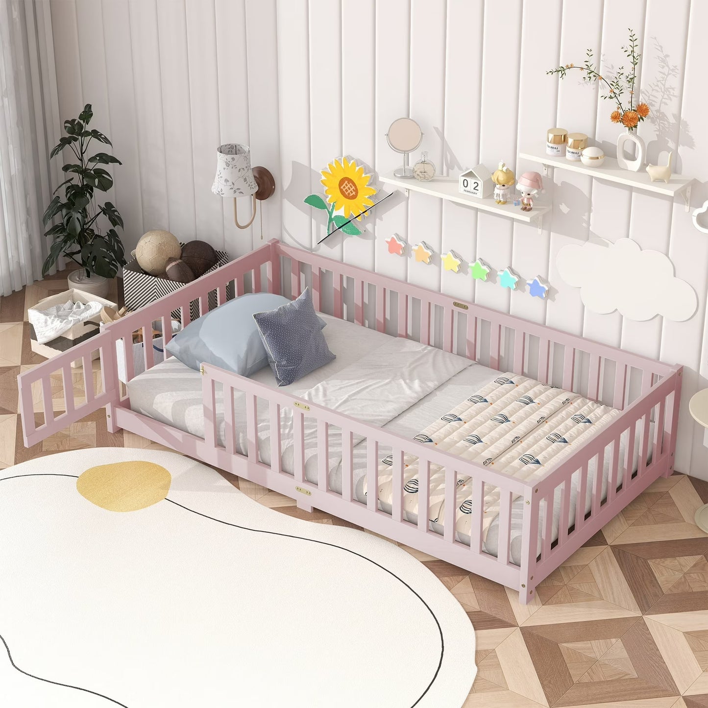 Twin Size Floor Bed, HSUNNS Rubber Wood Floor Bed with Fence and Door, Bed Twin Bed with Safety Guardrails, Near to Ground, No Box Spring Needed, Easy Assembly