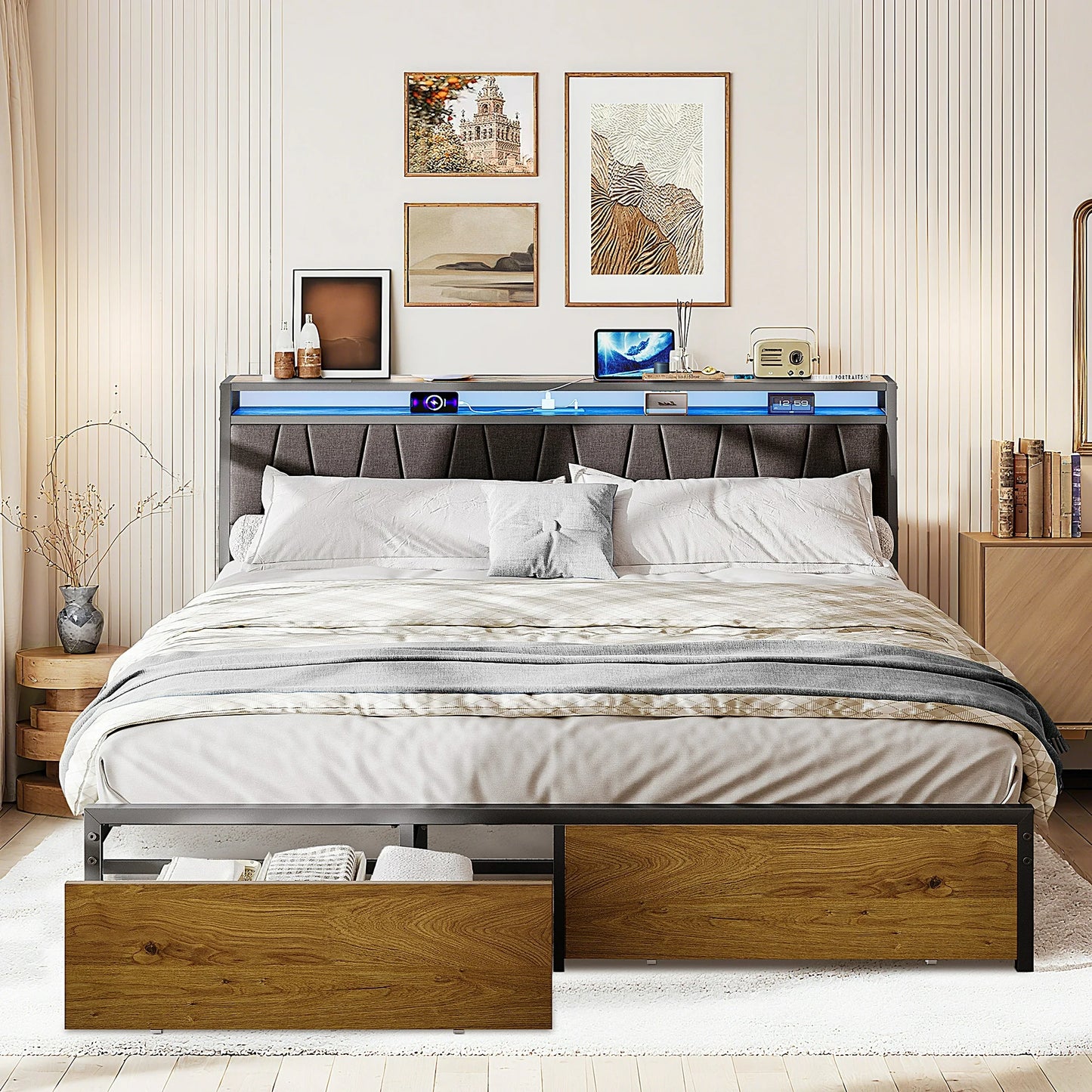 HSUNNS King Size Bed Frame with LED, Linen Upholstered Headboard Platform Bed with 2 Storage Drawers, Metal Modern King Bed with Charging Station, No Box Spring Needed, Easy Assembly, Black