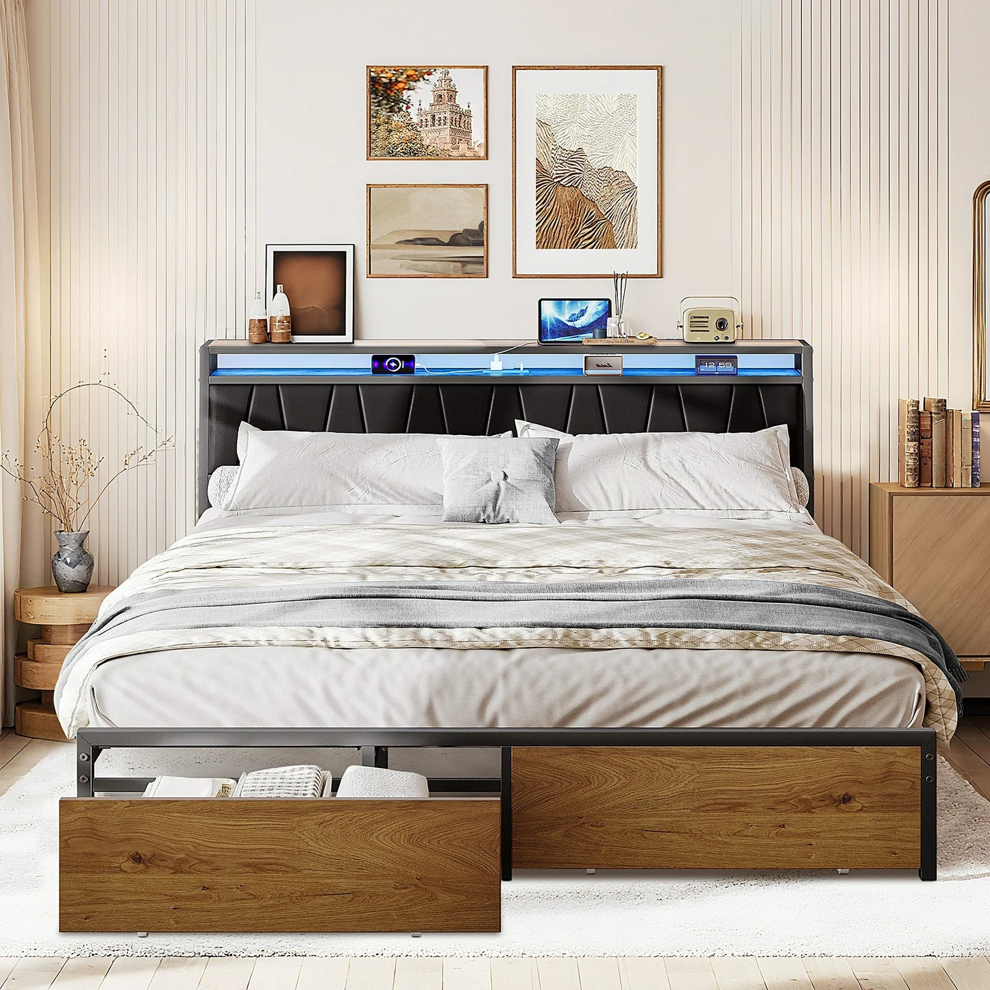 HSUNNS King Size Bed Frame with LED, Linen Upholstered Headboard Platform Bed with 2 Storage Drawers, Metal Modern King Bed with Charging Station, No Box Spring Needed, Easy Assembly, Black