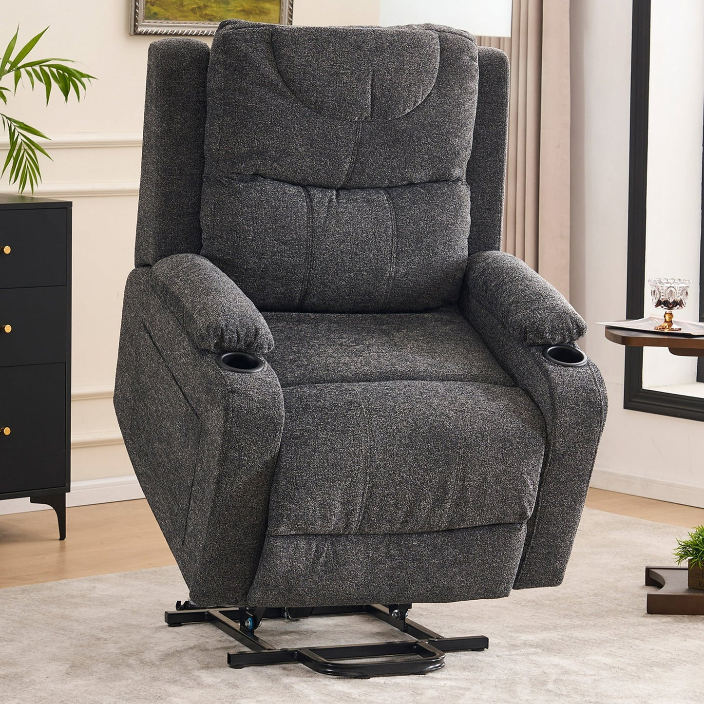 Power Lift Recliner Chair with Massage and Heat, HSUNNS Lift Chair Sofa for Elderly with Cup Holders, Side Pockets and Remote, Chenille Recliners for Living Room or Senior Living, Brown