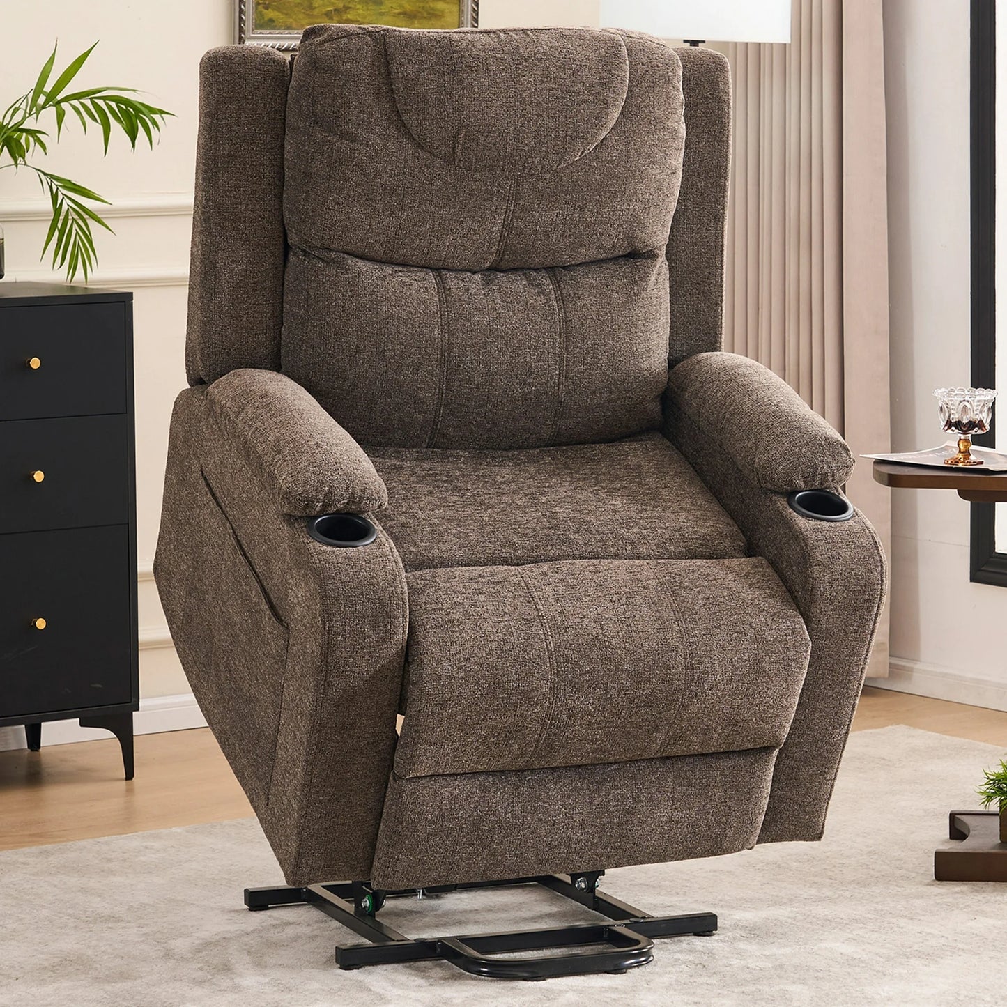 Power Lift Recliner Chair with Massage and Heat, HSUNNS Lift Chair Sofa for Elderly with Cup Holders, Side Pockets and Remote, Chenille Recliners for Living Room or Senior Living, Brown