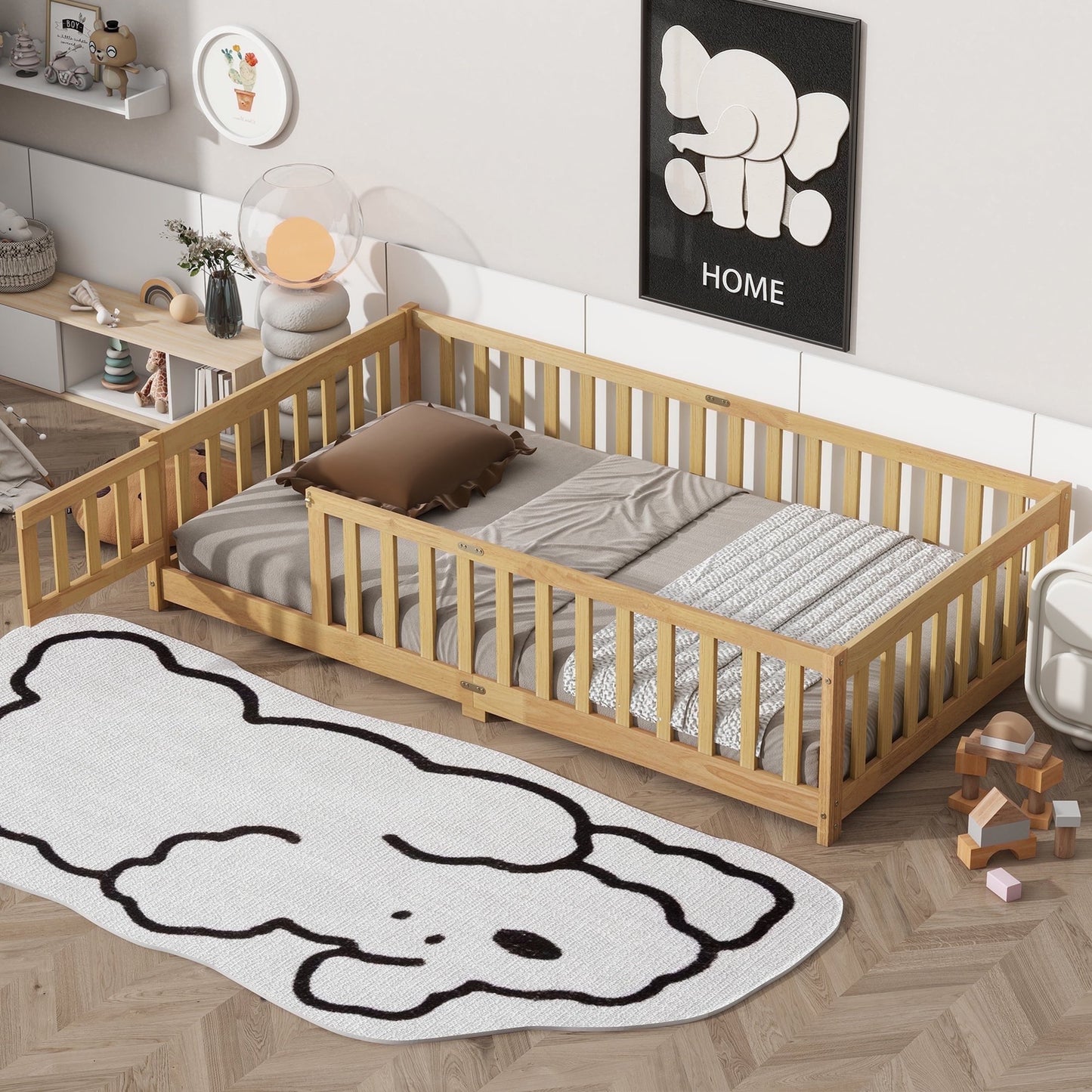 Twin Size Floor Bed, HSUNNS Rubber Wood Floor Bed with Fence and Door, Bed Twin Bed with Safety Guardrails, Near to Ground, No Box Spring Needed, Easy Assembly