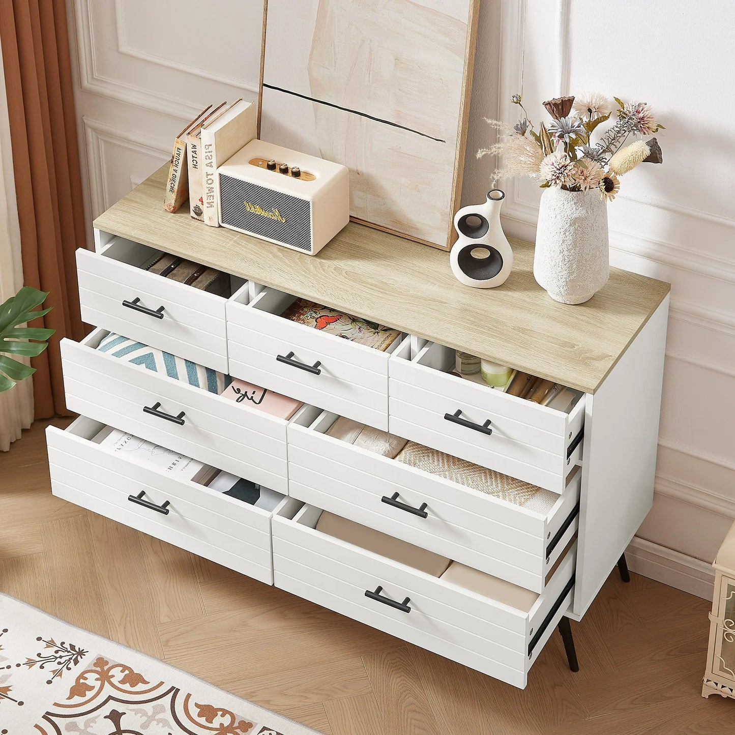 HSUNNS White 7 Drawer Dresser, Modern Chest of Drawers with Deep Drawers and X-Shaped Stabilizing Feet, Storage Cabinet Nightstand for Living Room, Closet, Hallway, Nursery, Easy Assembly