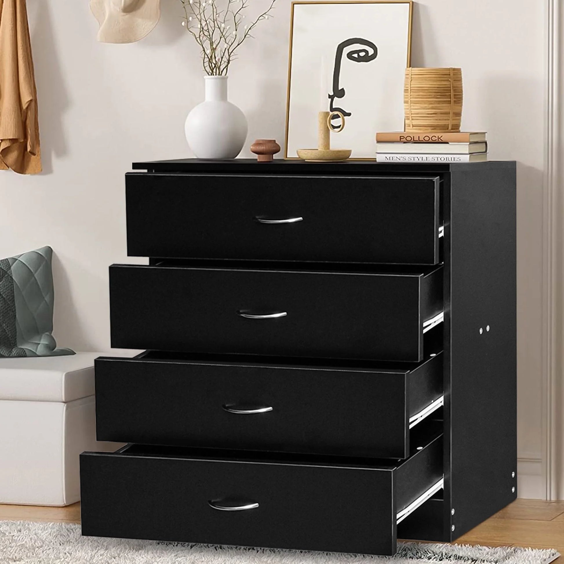 HSUNNS Modern White 4 Drawer Dresser, Chest of Drawers for Bedroom, St