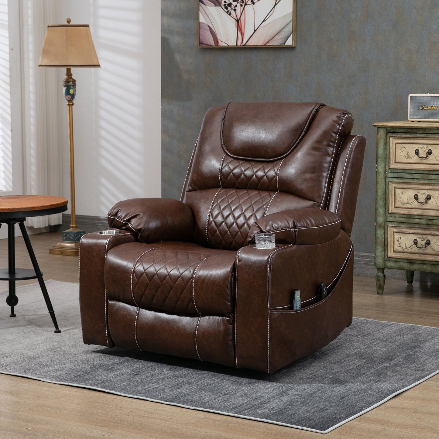 Large Power Lift Recliner Chair for Living Room, Oversized Leather Electric Lounge Chair Single Sofa with Cup Holders, USB Port and Side Pockets, Recliner for Elderly Adults Big Man, Brown