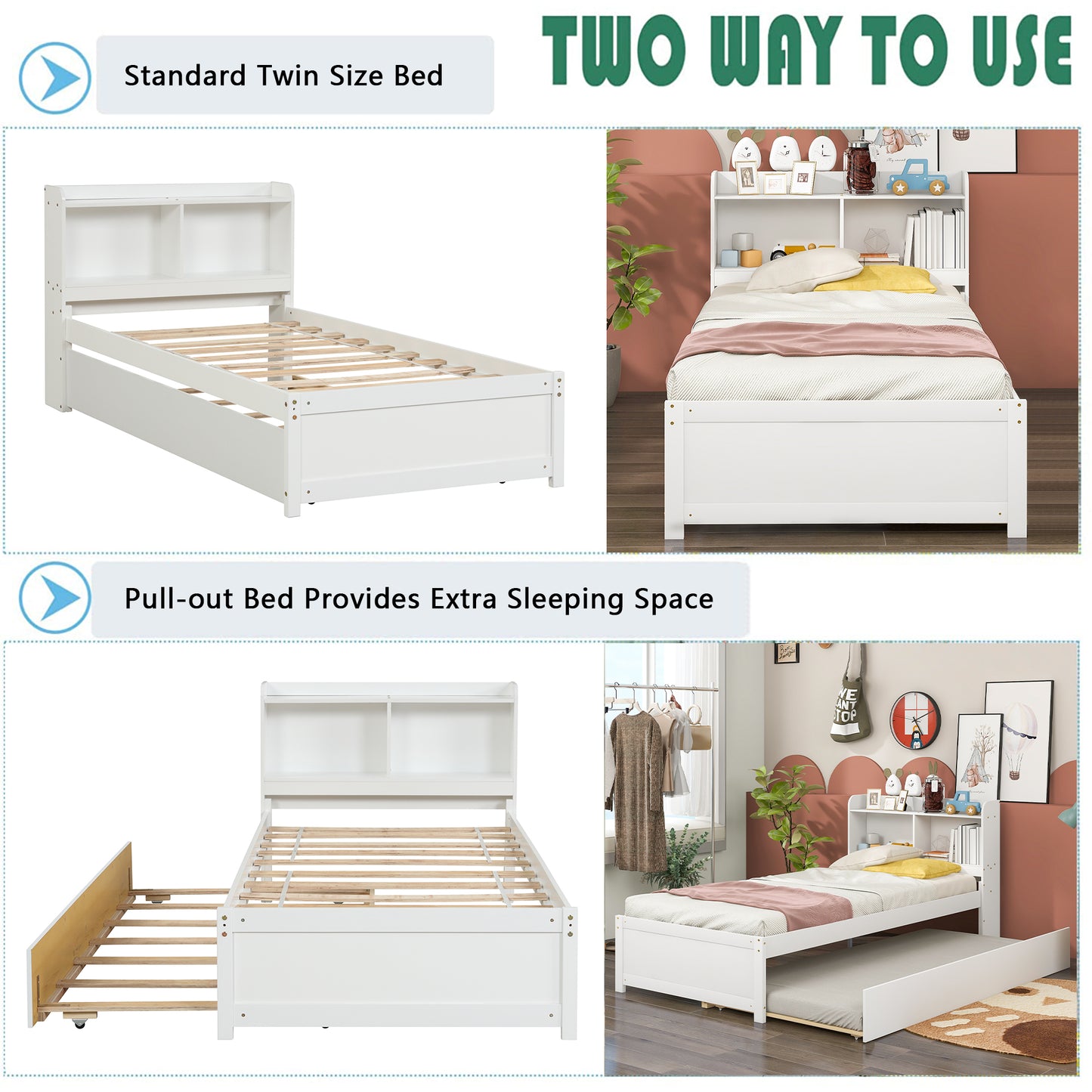 HSUNNS Twin Bed Frame with Trundle and Storage Bookcase, Modern Platform Bed Frame with Pull Out Trundle, Solid Wood Trundle Bed with Headboard and Footboard, No Box Spring Needed, White