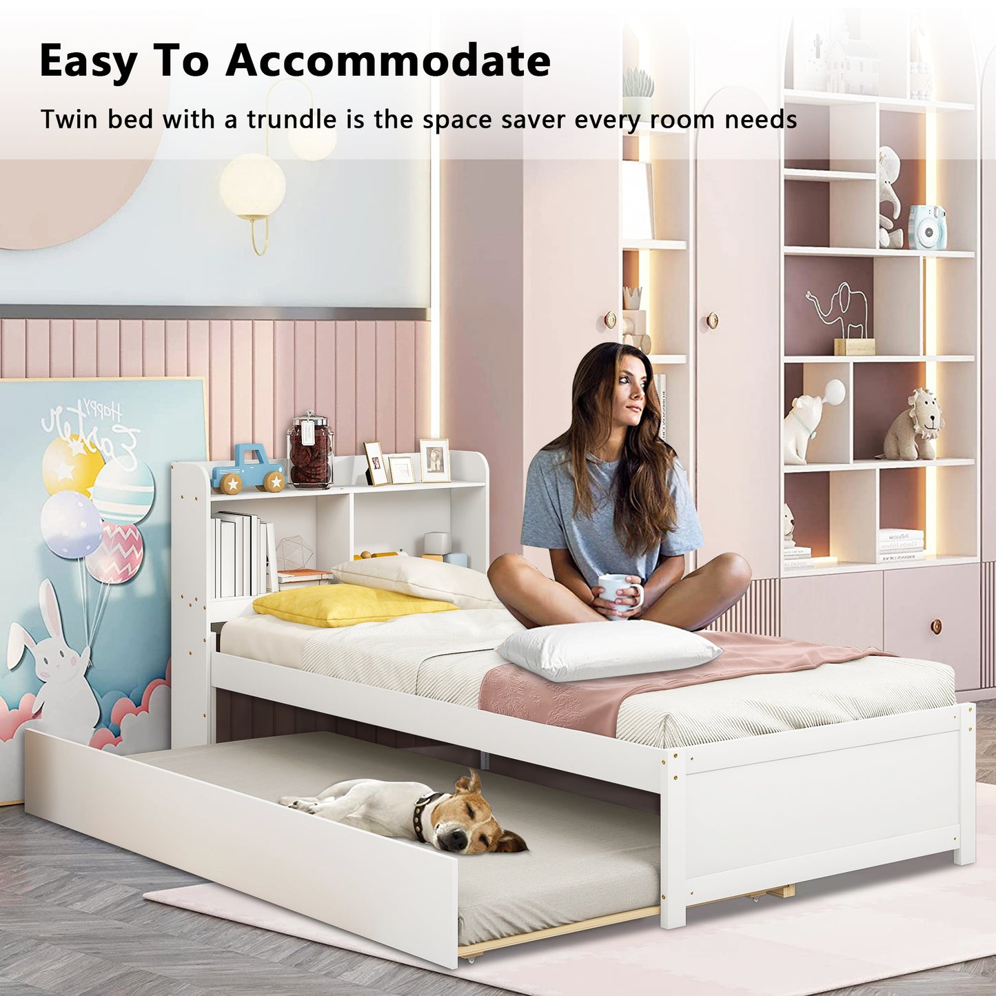 HSUNNS Twin Bed Frame with Trundle and Storage Bookcase, Modern Platform Bed Frame with Pull Out Trundle, Solid Wood Trundle Bed with Headboard and Footboard, No Box Spring Needed, White