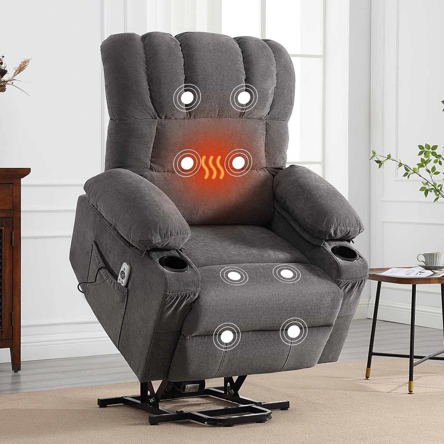 HSUNNS Recliners Lift Chair for Elderly, Living Room Cotton Recliner Chair with Massage and Heat, Single Sofa with USB Port, Cup Holder, Side and Front Pocket, Grey