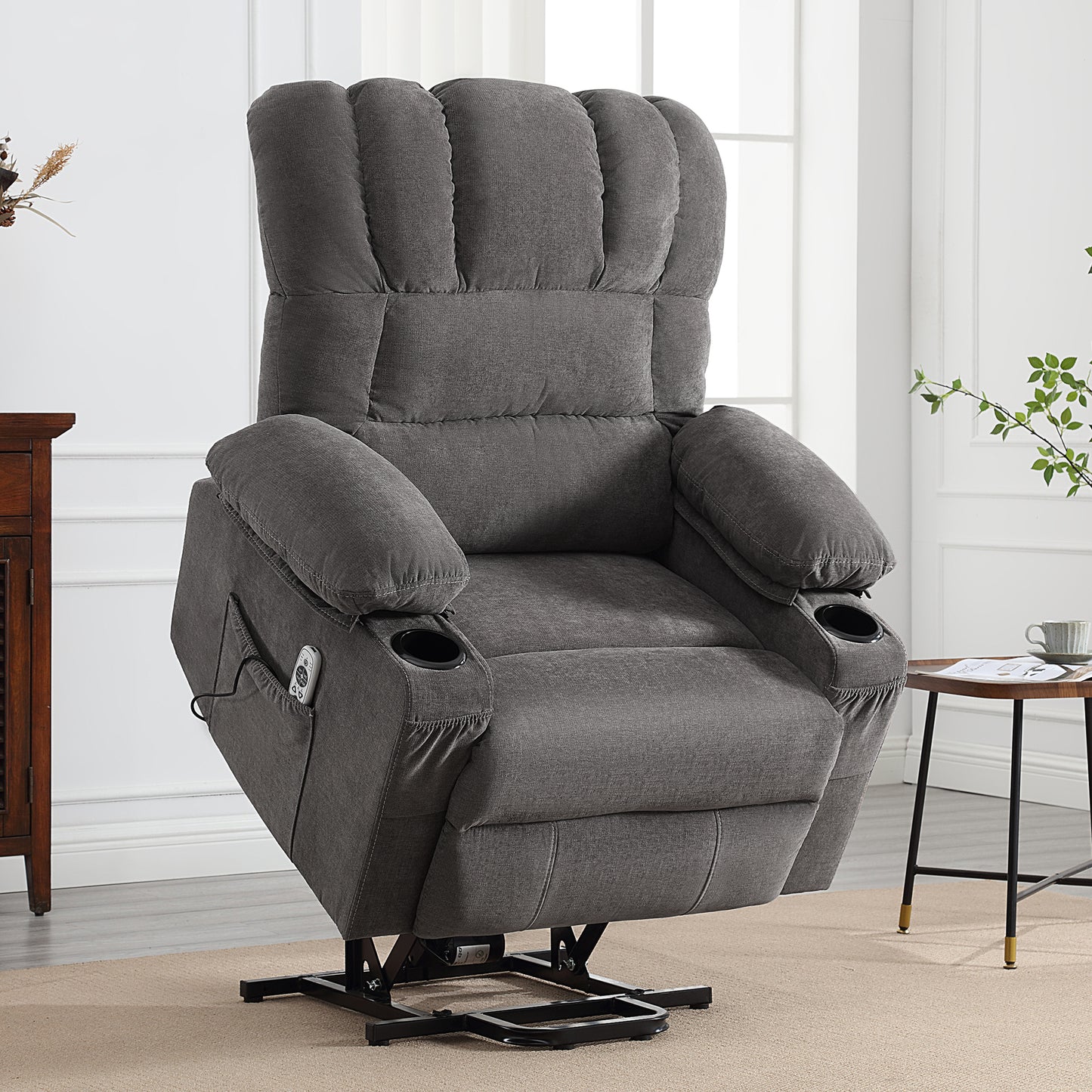 HSUNNS Recliners Lift Chair for Elderly, Living Room Cotton Recliner Chair with Massage and Heat, Single Sofa with USB Port, Cup Holder, Side and Front Pocket, Grey