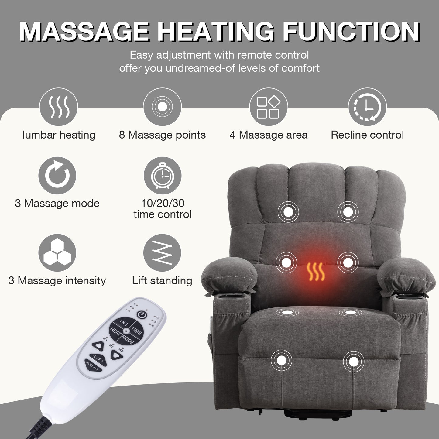 HSUNNS Recliners Lift Chair for Elderly, Living Room Cotton Recliner Chair with Massage and Heat, Single Sofa with USB Port, Cup Holder, Side and Front Pocket, Grey