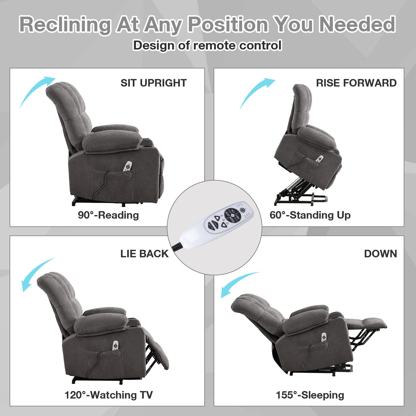 HSUNNS Recliners Lift Chair for Elderly, Living Room Cotton Recliner Chair with Massage and Heat, Single Sofa with USB Port, Cup Holder, Side and Front Pocket, Grey