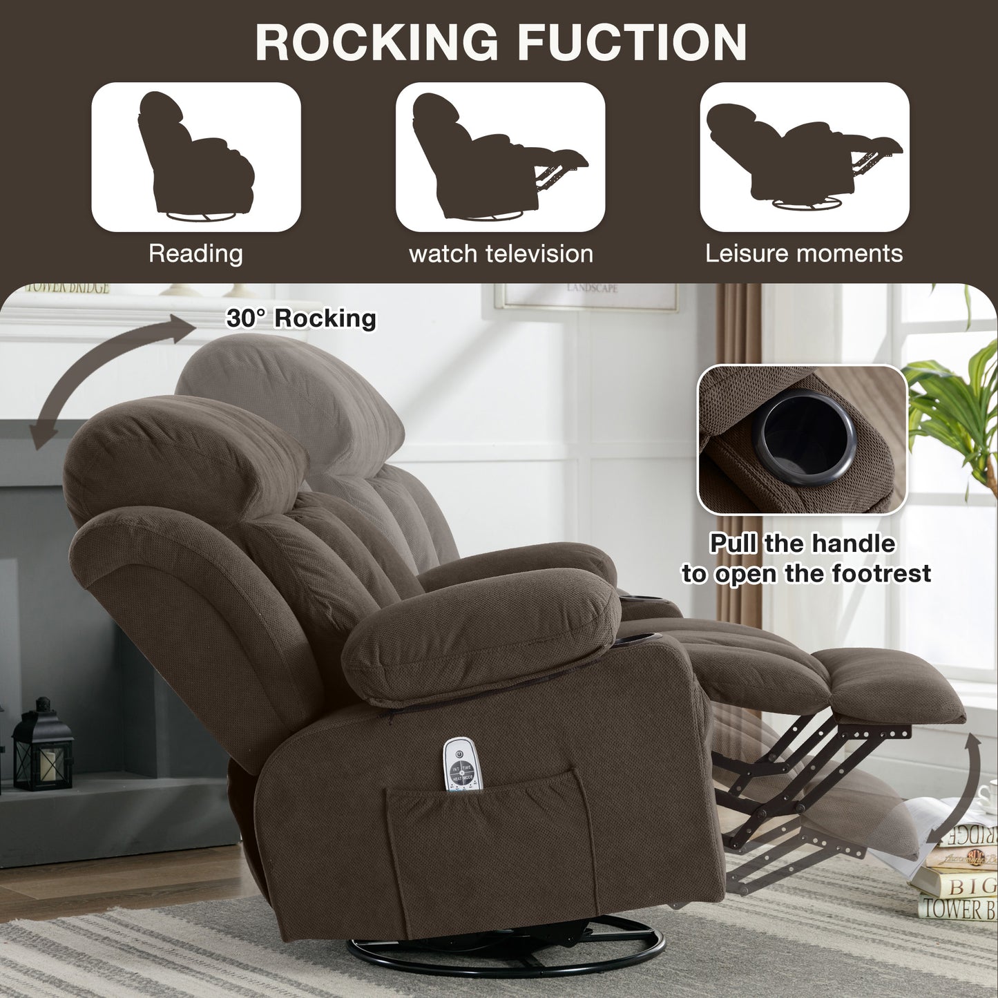 HSUNNS Manual Recliner Chair with Heat Therapy and Massage Function, Swivel Reclining Mechanism Massage Chair, Single Rocker Sofa with Cup Holders for Bedroom Home Theater, Coffee