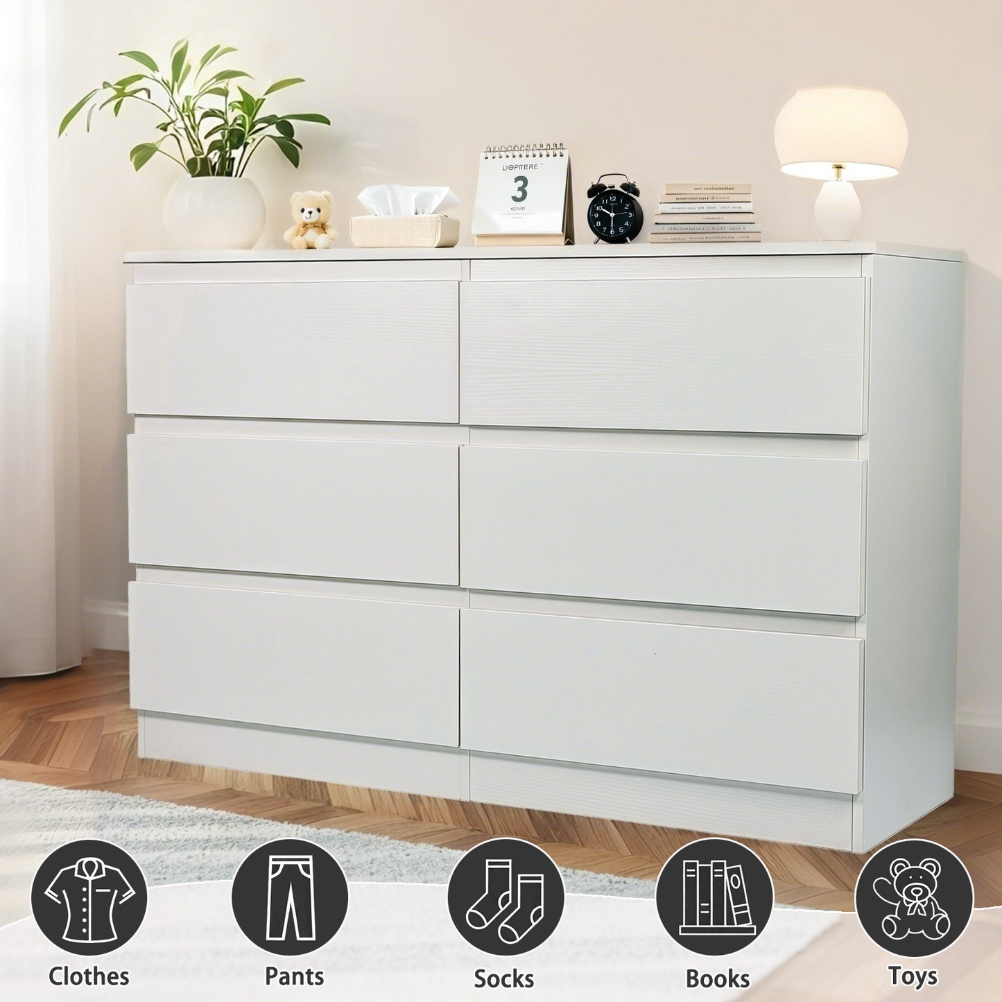 HSUNNS 6 Drawer Double Dresser, Black Storage Organizer Cabinet Chest for Bedroom Living Room