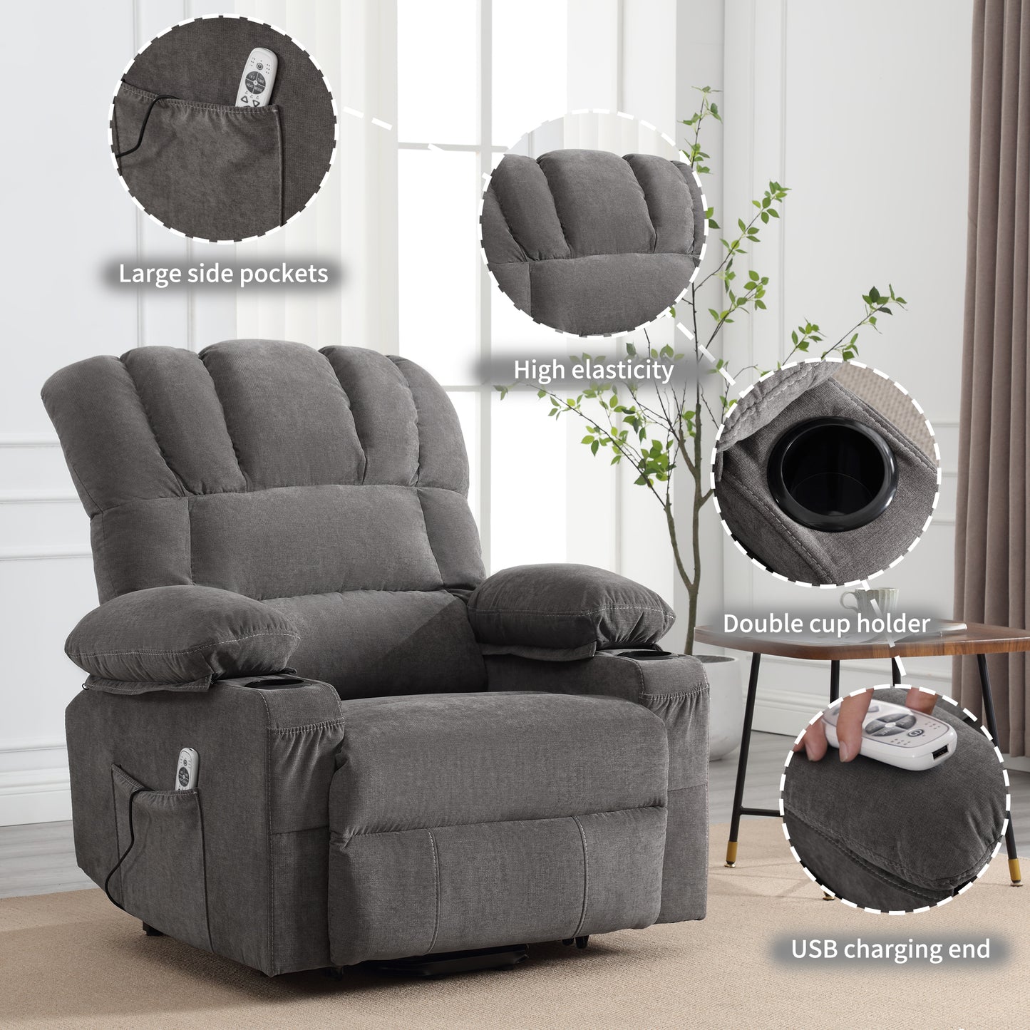 HSUNNS Recliners Lift Chair for Elderly, Living Room Cotton Recliner Chair with Massage and Heat, Single Sofa with USB Port, Cup Holder, Side and Front Pocket, Grey