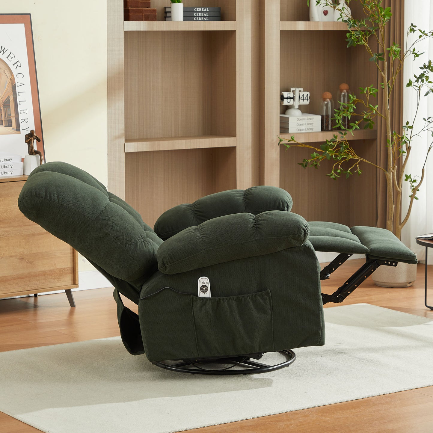 HSUNNS Oversized Swivel Recliner Chair for Adults, Living Room Fabric Recliner Chair with Massage and Heat, Single Sofa with USB Port, Side and Front Pocket, Green