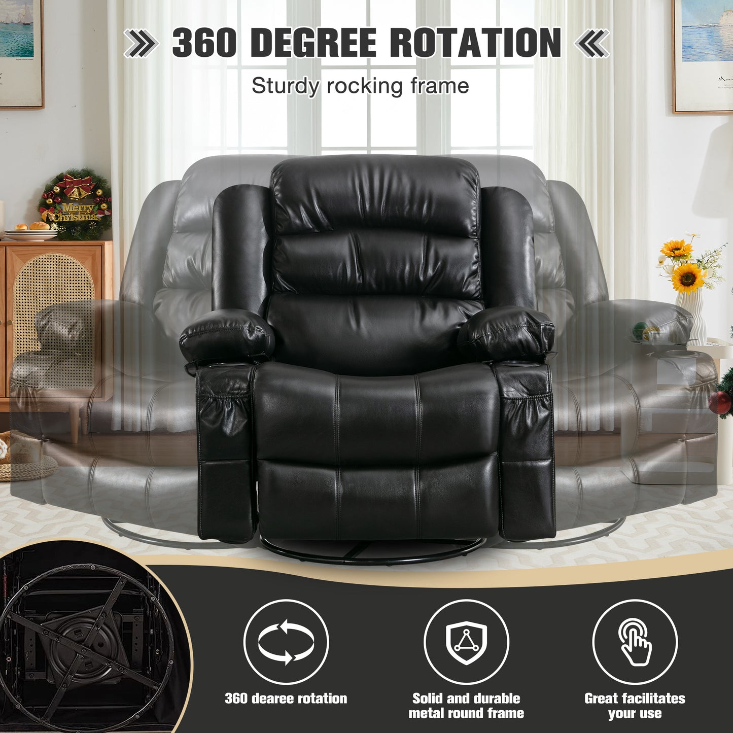 HSUNNS 360°Swivel Recliner Chair for Adults, Living Room PU Leather Recliner Chair with Massage and Heat, Single Sofa with USB Port, 2 Cup Holder, Side and Front Pocket, Black