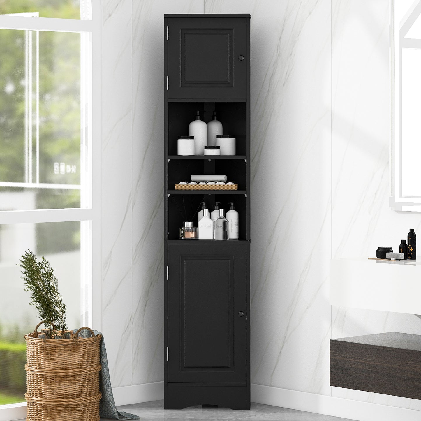 HSUNNS 67-inch Tall Corner Storage Cabinet with Doors & Shelves, Freestanding Storage Cabinet for Bathroom, Living Room, Kitchen