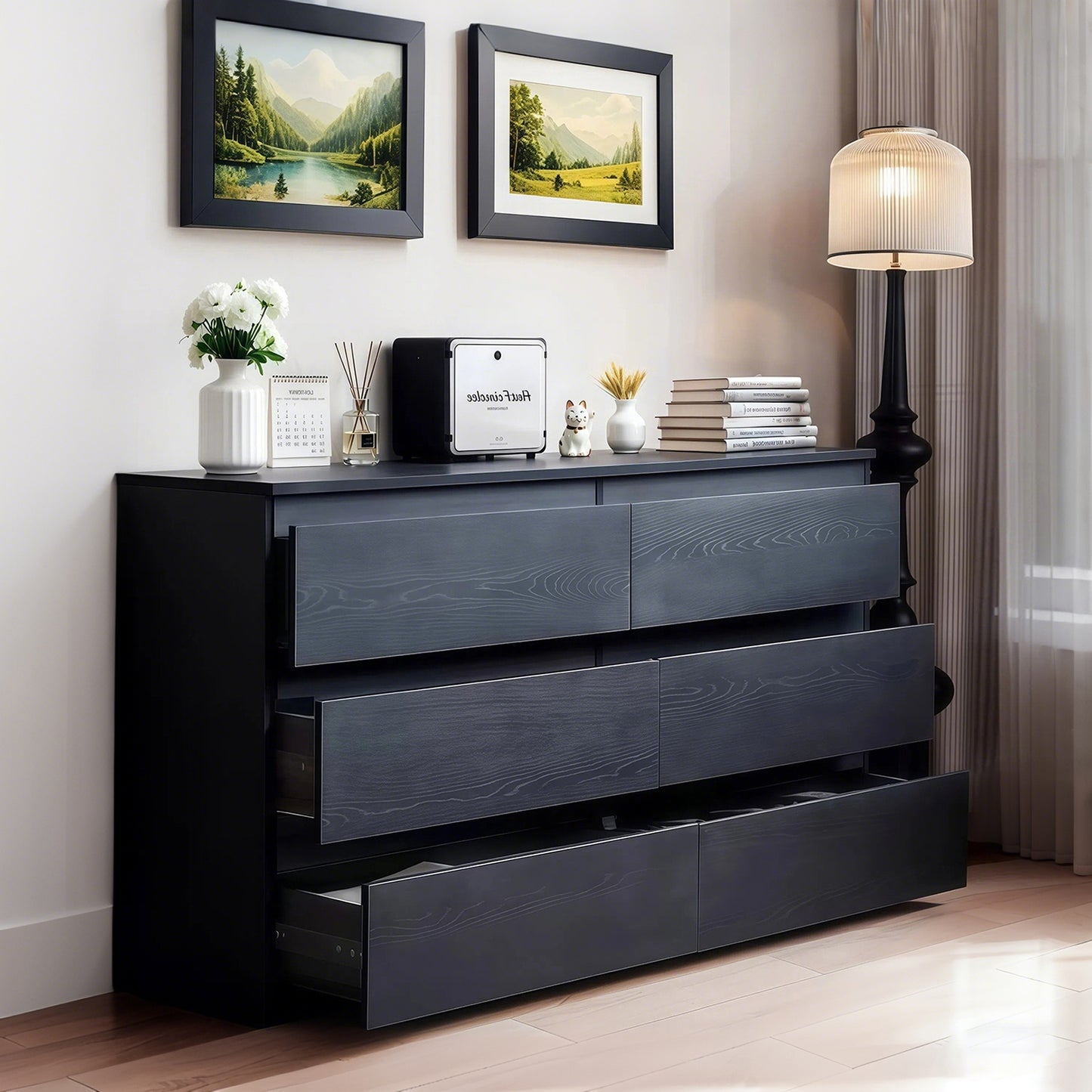 HSUNNS 6 Drawer Double Dresser, Black Storage Organizer Cabinet Chest for Bedroom Living Room
