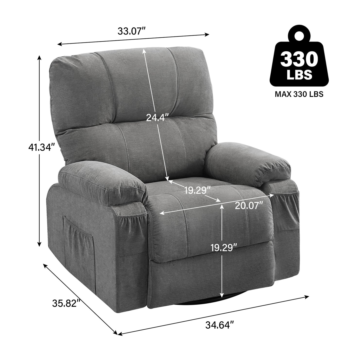 HSUNNS Swivel Recliner Chair for Adults, Oversized Recliner with 2 Side Pockets and 2 Front Pockets, Living Room Single Sofa Home Theater, Comfortable Backrest and Armrests, Light Brown