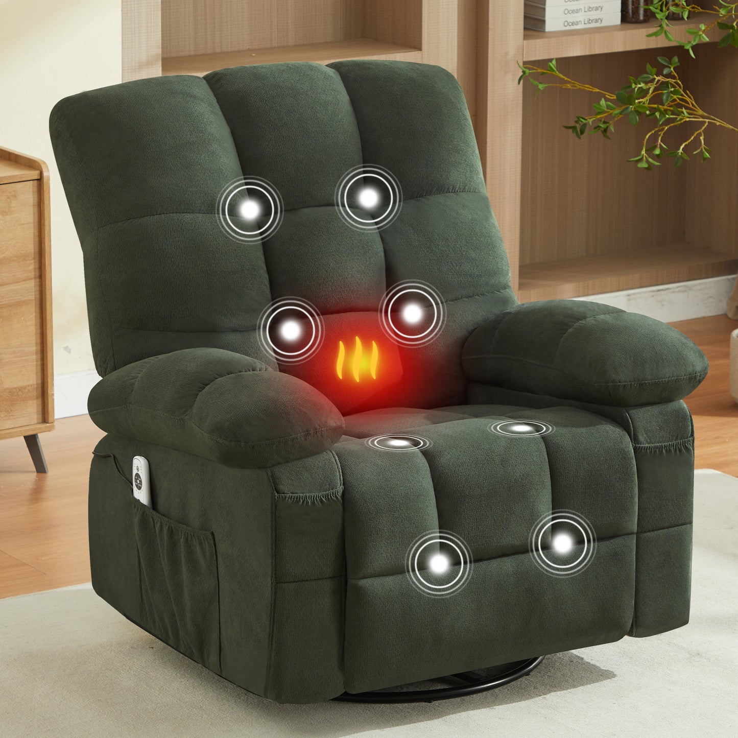 HSUNNS Oversized Swivel Recliner Chair for Adults, Living Room Fabric Recliner Chair with Massage and Heat, Single Sofa with USB Port, Side and Front Pocket, Green