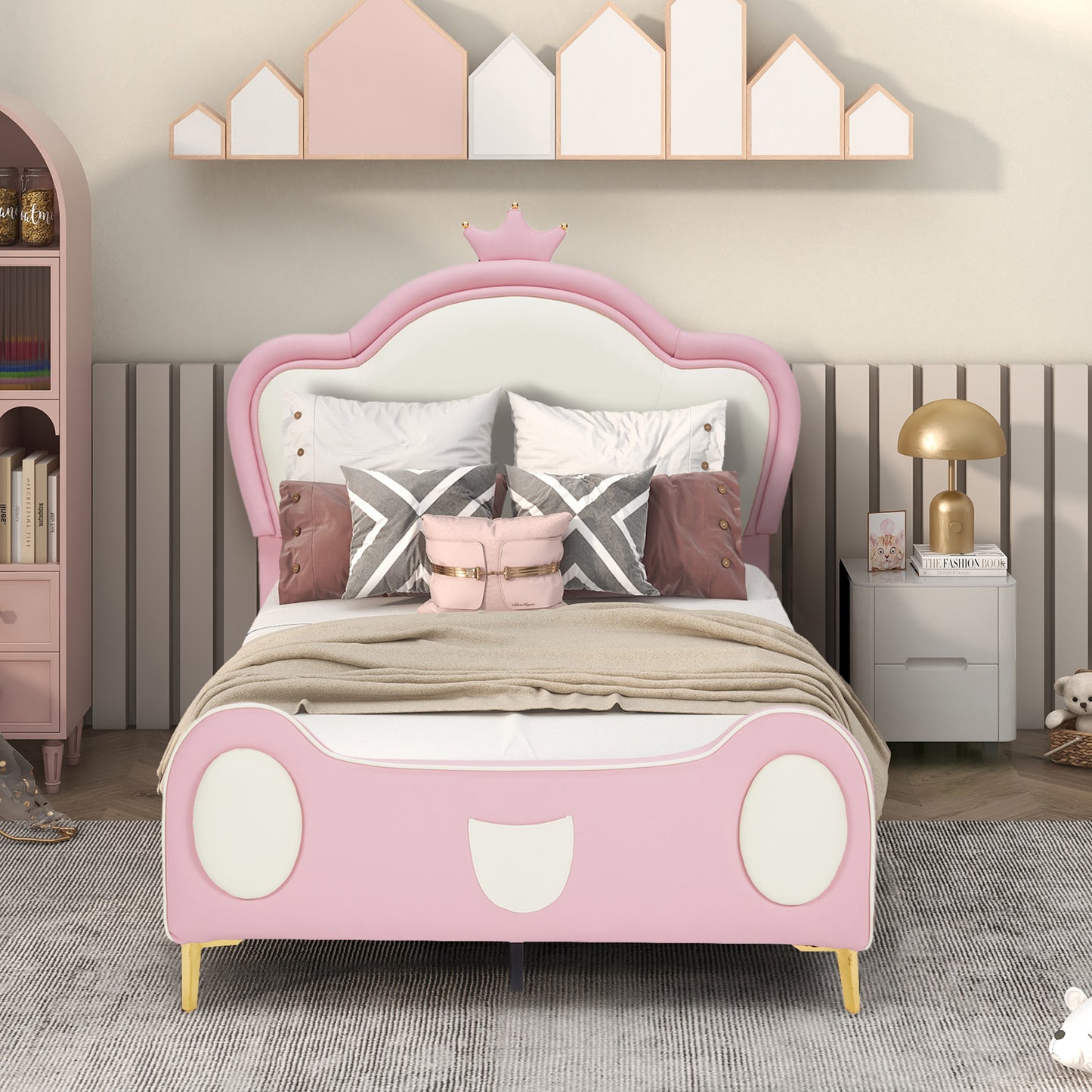 HSUNNS Twin Size Girl Bed with Crown Headboard, Soft PU Upholstered Princess Platform Bed Frame with Storage Pocket, No Spring Box Needed, Easy Assembly,Pink