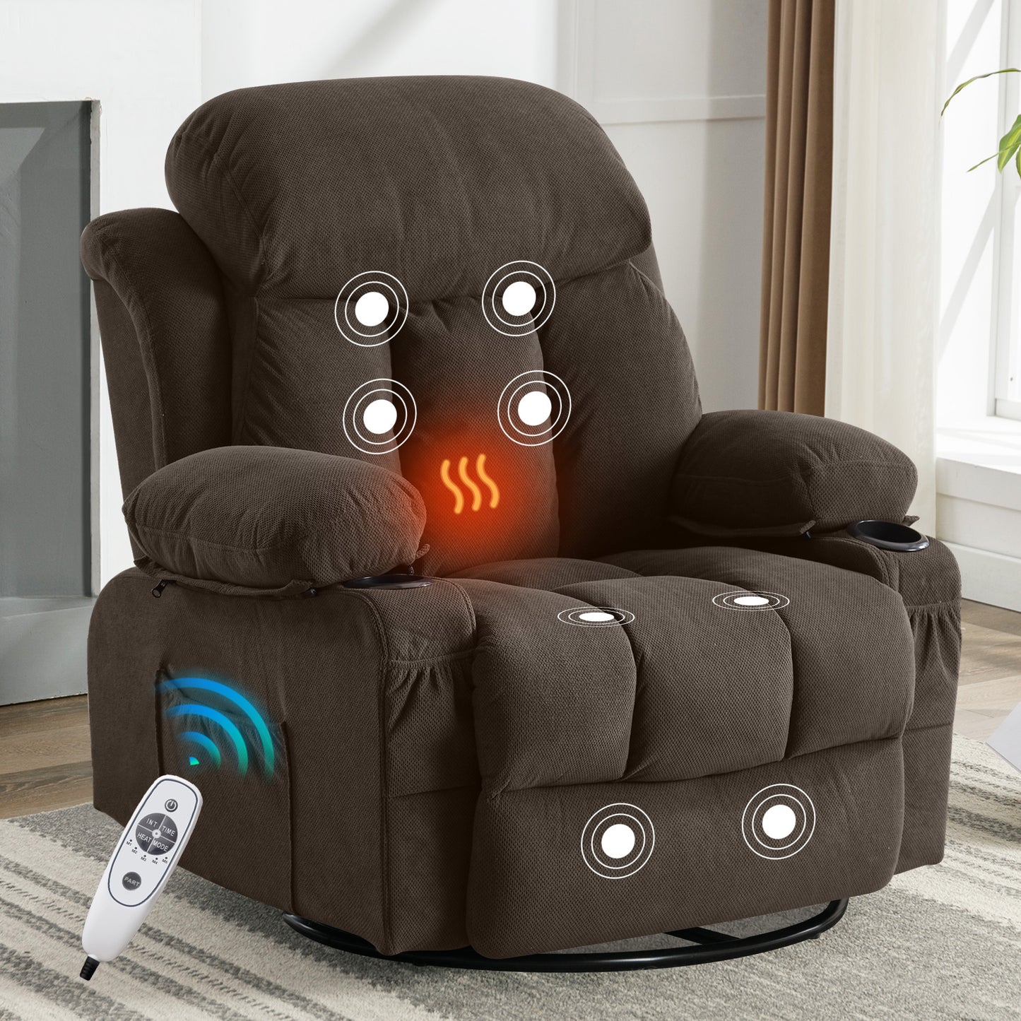 HSUNNS Manual Recliner Chair with Heat Therapy and Massage Function, Swivel Reclining Mechanism Massage Chair, Single Rocker Sofa with Cup Holders for Bedroom Home Theater, Coffee