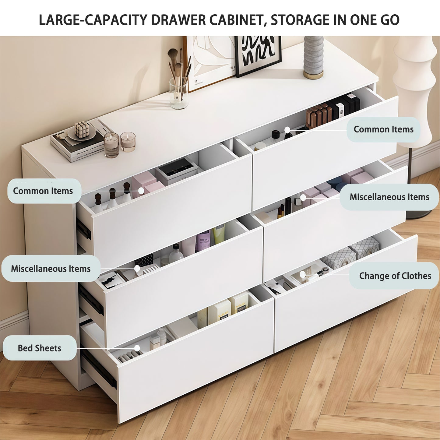HSUNNS 6 Drawer Double Dresser, Black Storage Organizer Cabinet Chest for Bedroom Living Room