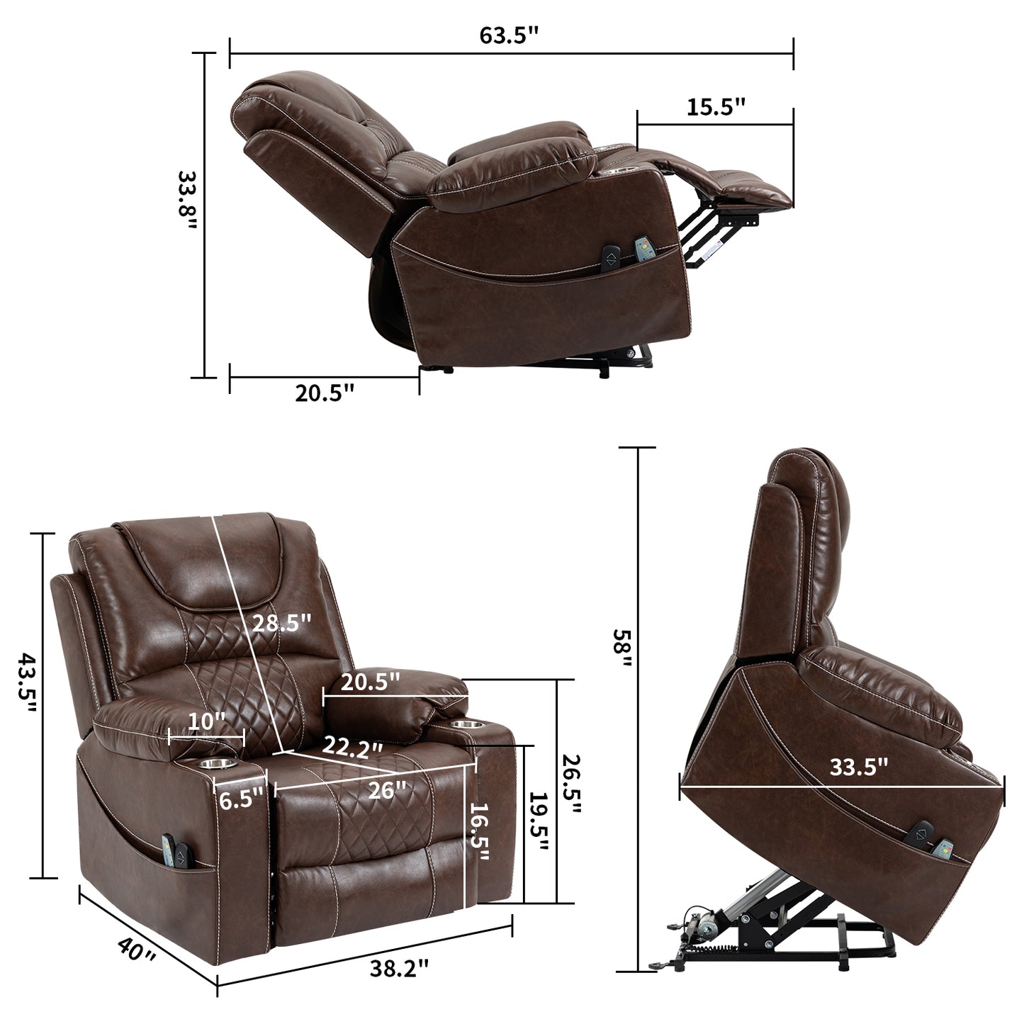 Large Power Lift Recliner Chair for Living Room, Oversized Leather Electric Lounge Chair Single Sofa with Cup Holders, USB Port and Side Pockets, Recliner for Elderly Adults Big Man, Brown