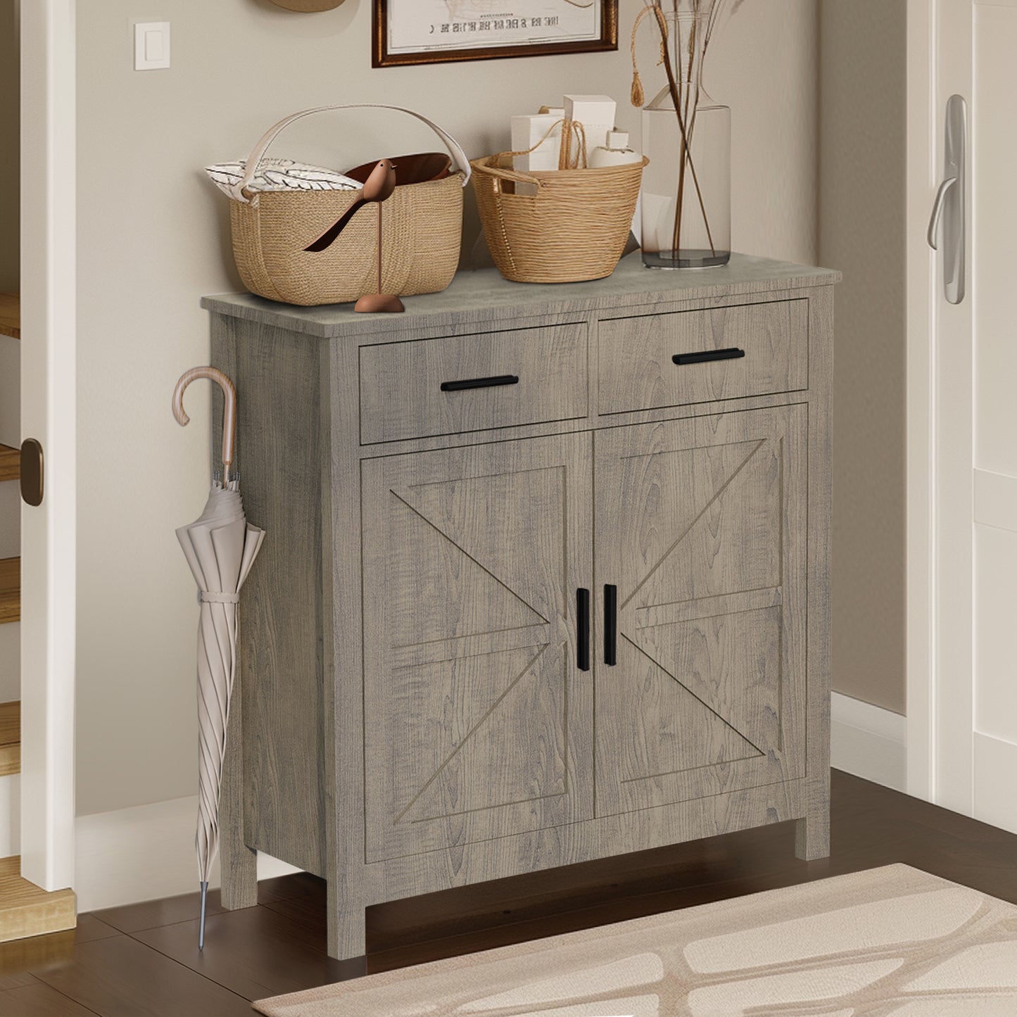 HSUNNS Farmhouse Storage Cabinet, Coffee Bar with 2 Drawers and 2 Doors, Sideboard Buffet Cabinet for Kitchen Dining Room