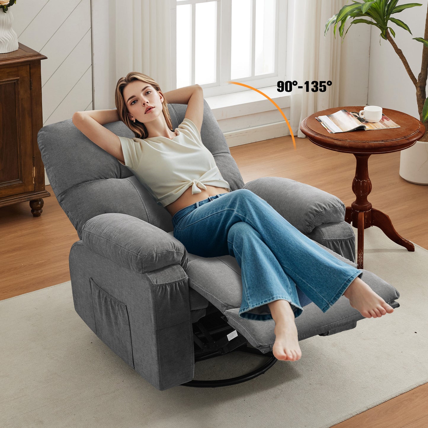 HSUNNS Swivel Recliner Chair for Adults, Oversized Recliner with 2 Side Pockets and 2 Front Pockets, Living Room Single Sofa Home Theater, Comfortable Backrest and Armrests, Light Brown