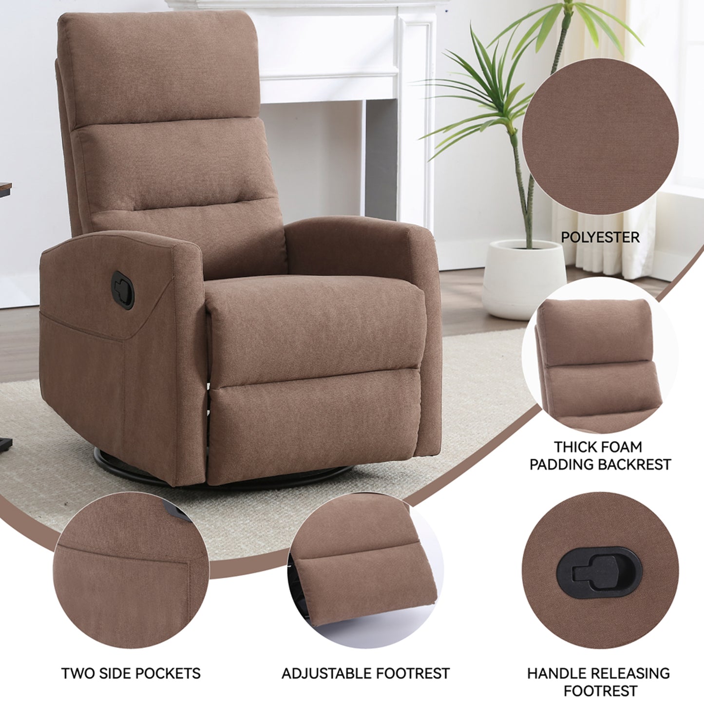 HSUNNS Swivel Rocker Recliner Chair for Adults, Manual Reclining Chair with Side Pocket, Living Room Chair 360 Degree Swivel Single Sofa, Fabric Recliner for Home Theater, Brown