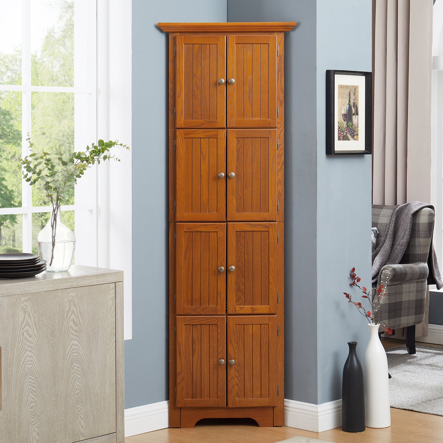 HSUNNS 4-Tier 72" Tall Corner Kitchen Pantry Storage Cabinet with 8 Doors, Freestanding Cupboard Storage Cabinet with Shelves, Home farmhouse bookshelf Cabinet for Kitchen, Bathroom, Living room, Oak