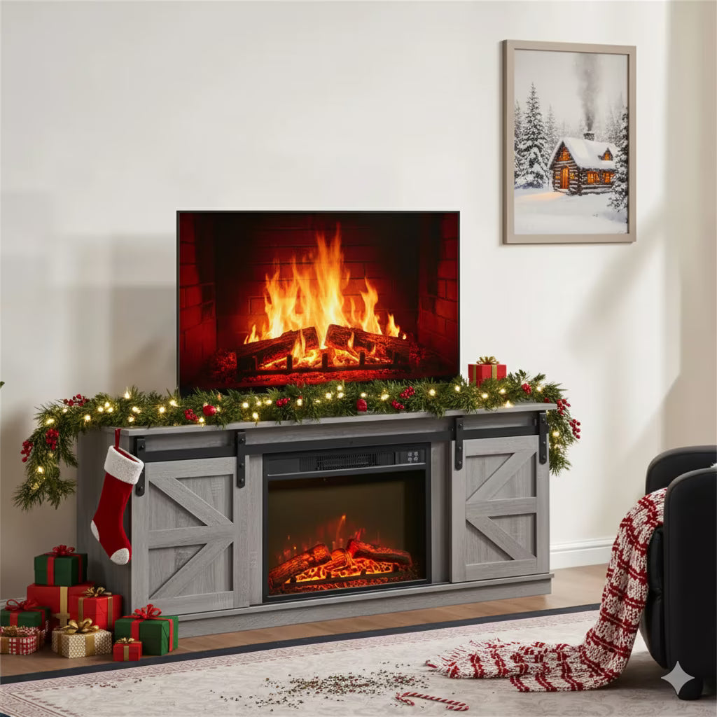 UHOMEPRO Fireplace TV Stand with Sliding Barn Door for TVs up to 65", Farmhouse 58" Fireplace Entertainment Center with Storage Cabinets/Adjustable Shelves, Brown