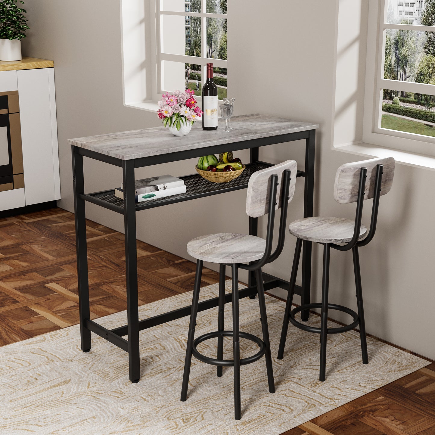 HSUNNS 3-Piece Bar Table Set with 2 Stools, 40” Rectangular Pub Table with Sturdy Metal Frame, Space-Saving Dining Set for Kitchen, Living Room, Small Space