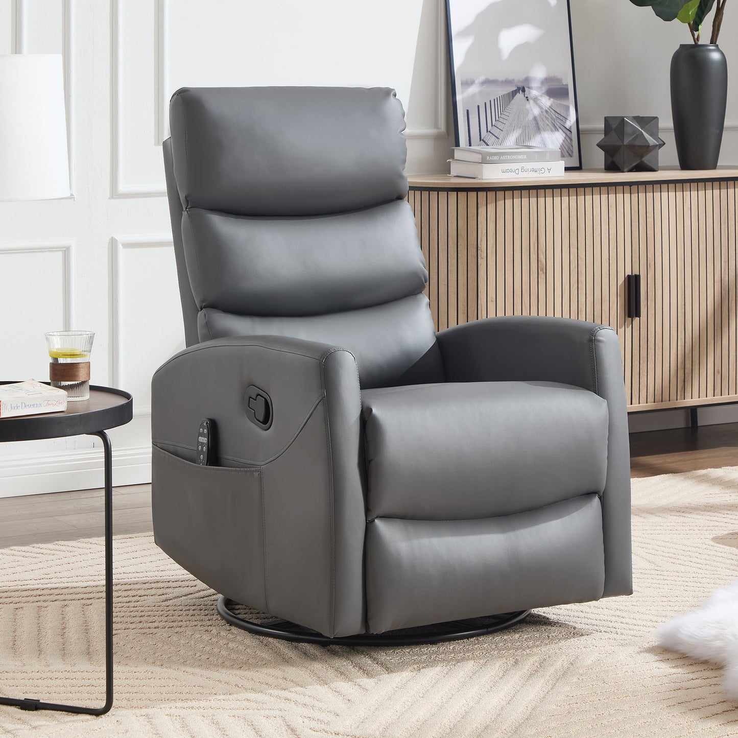 HSUNNS Swivel Rocker Recliner for Adults, Faux Leather Swivel Rocker Recliner Chair with Heat Therapy and Massage, Manual Single Rocker Sofa with Side Pockets for Living Room Home Theater