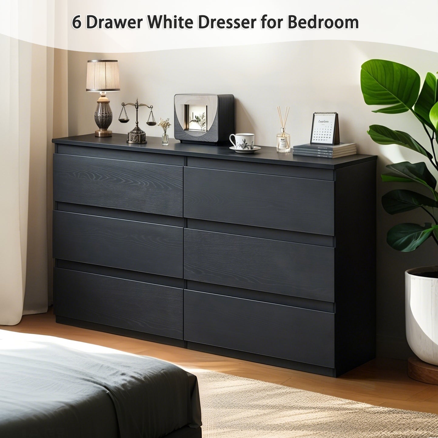 HSUNNS 6 Drawer Double Dresser, Black Storage Organizer Cabinet Chest for Bedroom Living Room