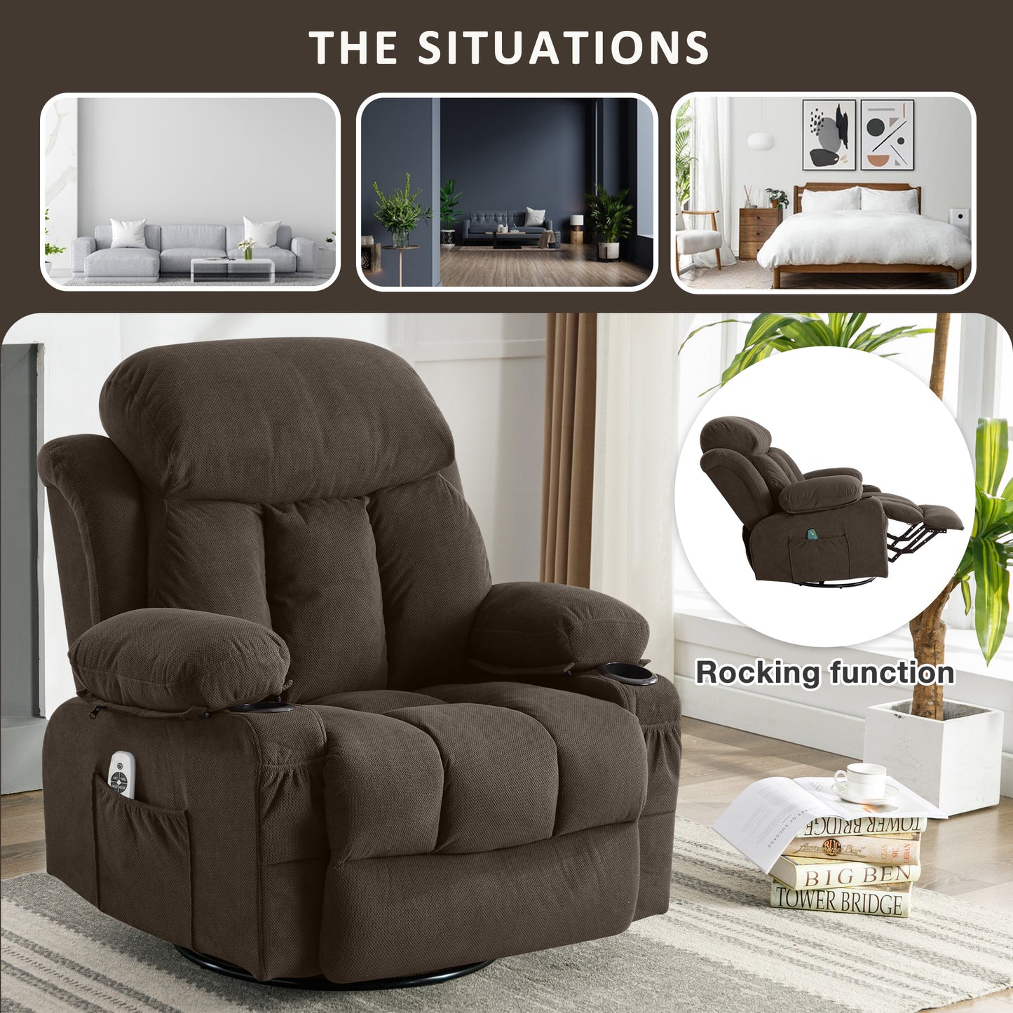 HSUNNS Manual Recliner Chair with Heat Therapy and Massage Function, Swivel Reclining Mechanism Massage Chair, Single Rocker Sofa with Cup Holders for Bedroom Home Theater, Coffee