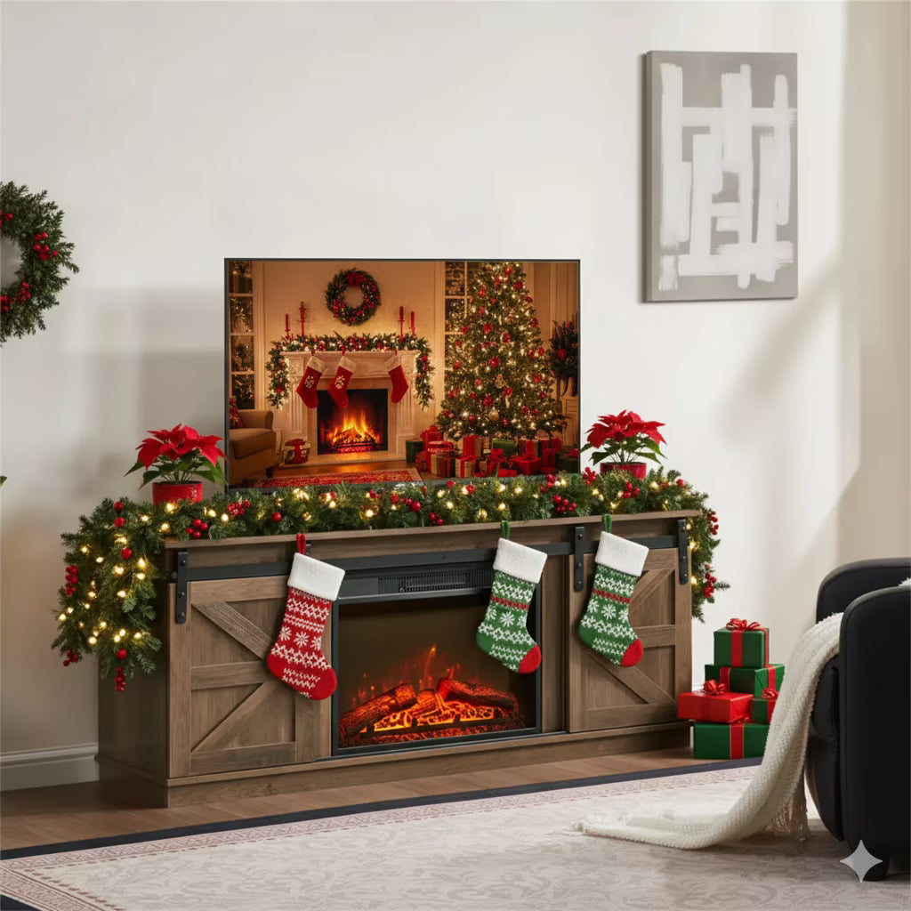 UHOMEPRO Fireplace TV Stand with Sliding Barn Door for TVs up to 65", Farmhouse 58" Fireplace Entertainment Center with Storage Cabinets/Adjustable Shelves, Brown