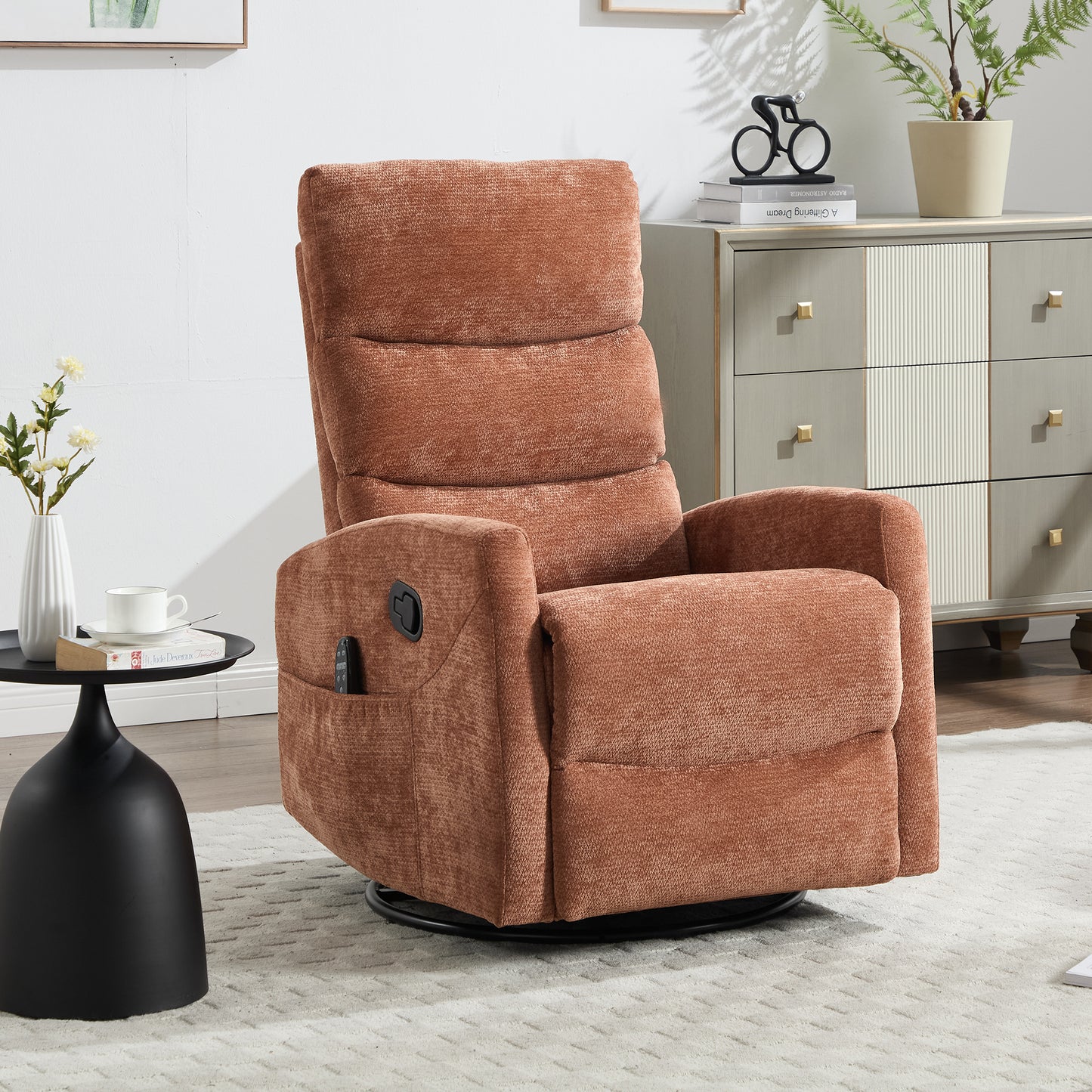 HSUNNS 360° Swivel Rocker Recliner Chair with Heat Massage, Chenille Manual Single Rocker Sofa Recliner Chair with Side Pockets for Living Room Home Theater