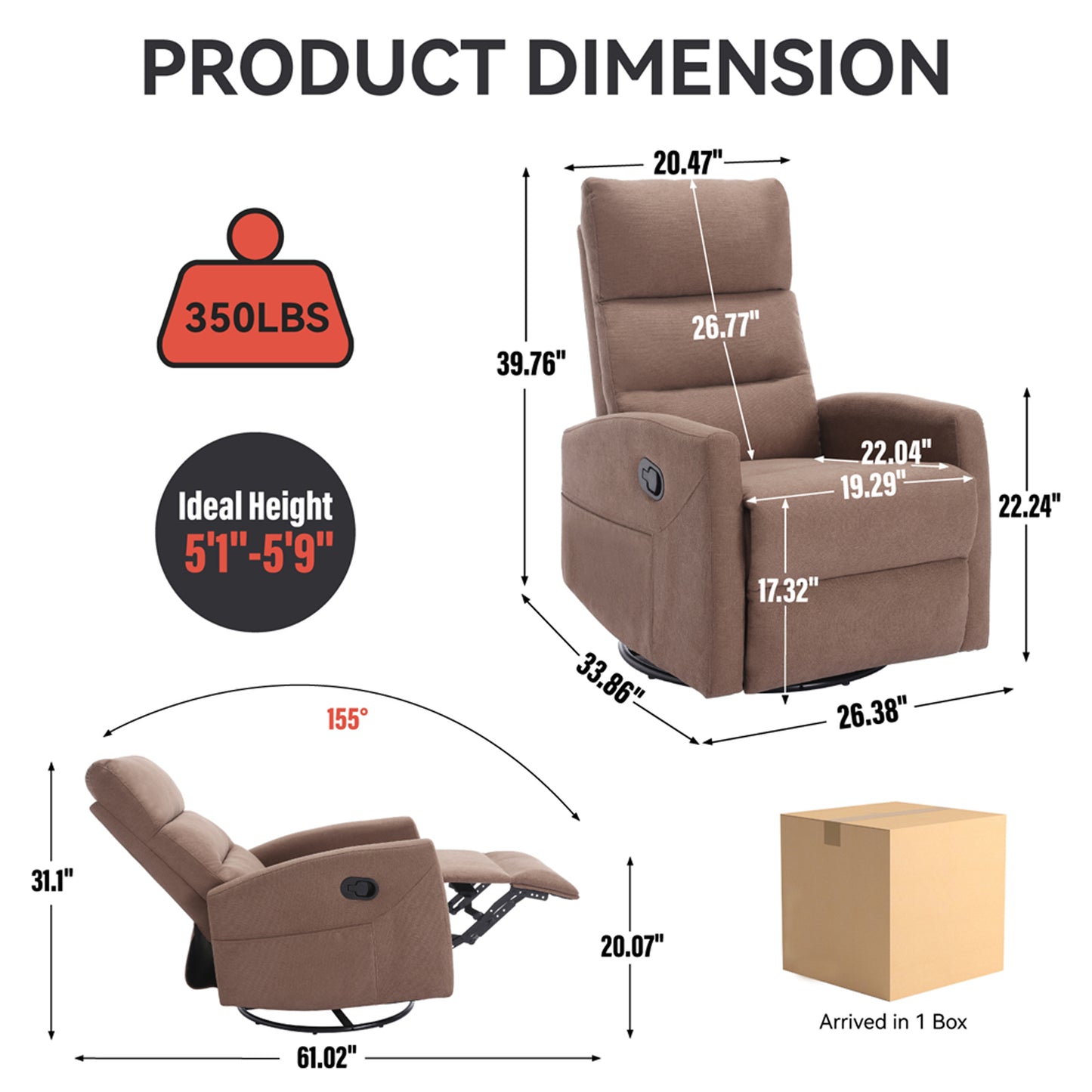 HSUNNS Swivel Rocker Recliner Chair for Adults, Manual Reclining Chair with Side Pocket, Living Room Chair 360 Degree Swivel Single Sofa, Fabric Recliner for Home Theater, Brown