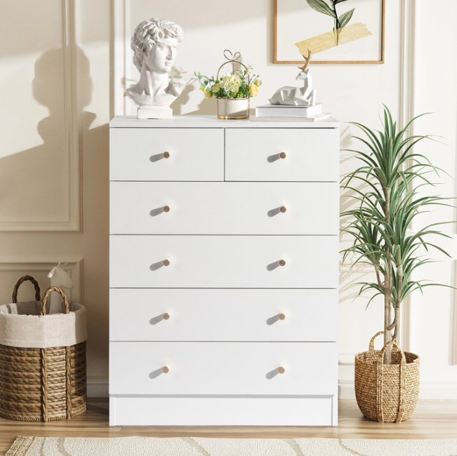 HSUNNS White 6 Drawer Dresser, Simple Storage Cabinet with Easy Pull Handle for Living Room and Bedroom, Chest of Drawers, 2 Small Drawers and 4 Big Drawers, White