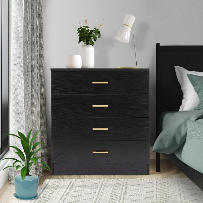 HSUNNS Black 4 Drawer Dresser, Storage Cabinet with Handle for Living Room, Bedroom and Entryway, Modern Chest of Drawers Dresser Nightstand, Black