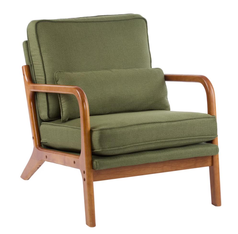 HSUNNS Accent Chair, Mid-Century Modern Living Room Chair Featuring Corduroy Fabric Upholstery & Pillow, Sturdy Solid Wood Frame Lounge Arm Chair with Plush Cushion for Bedroom, Office, Olive Green