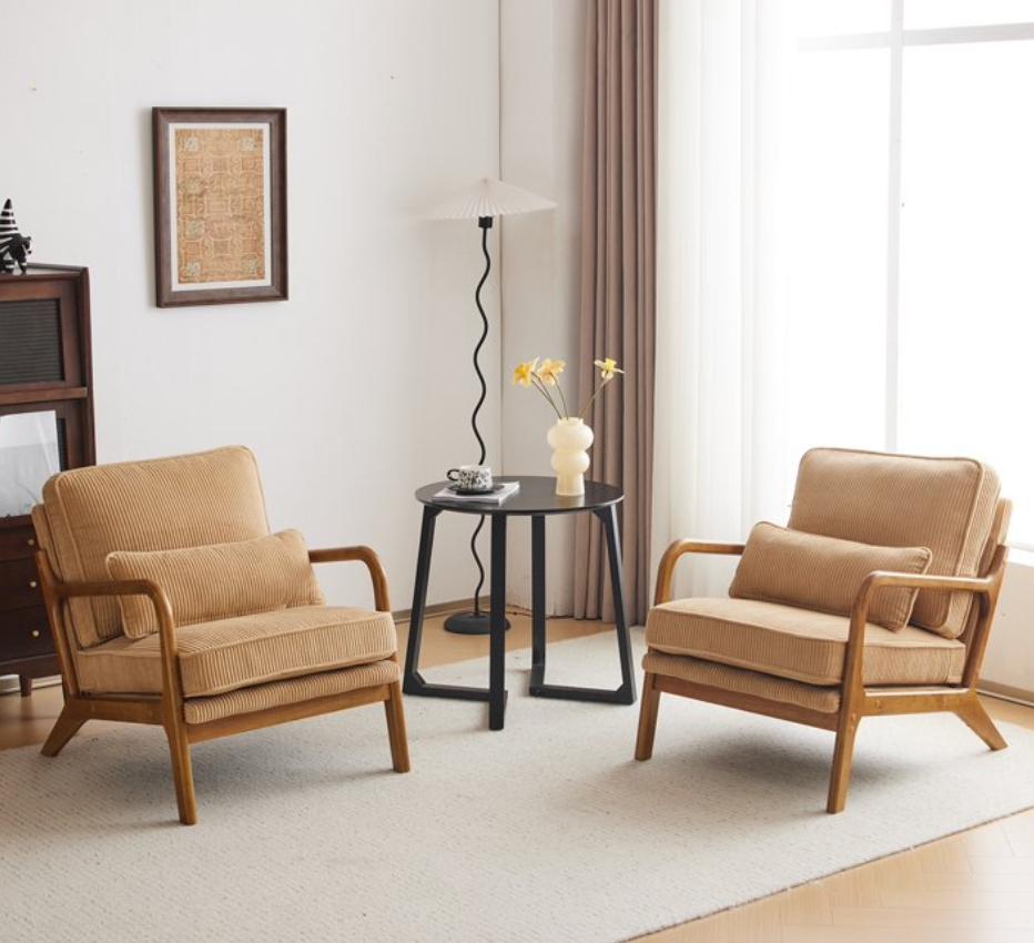 HSUNNS Accent Chair, Mid-Century Modern Living Room Chair Featuring Corduroy Fabric Upholstery & Pillow, Sturdy Solid Wood Frame Lounge Arm Chair with Plush Cushion for Bedroom, Office, Olive Green